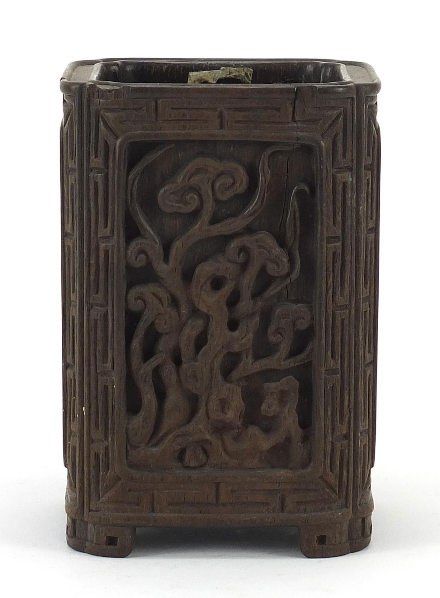 Chinese brush pot carved with panels of flowers, 14cm high - Image 2 of 7