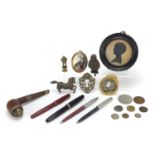 Antique and later objects including two Parker fountain pens, one with 14k gold nib, circular