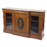 Victorian Inlaid walnut and ebonised breakfront bookcase/cabinet with brass mounts, 107cm H x