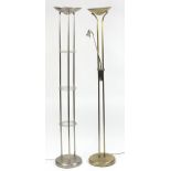 Two contemporary polished metal uplighters, one with adjustable reading lamp, 185cm high