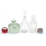 Glass items to include large Victorian heavy glass dump, two glass decanters and two glass