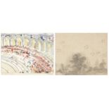 Arles Amphitheatre and birds, two watercolours, one mounted, framed and glazed, one mounted,