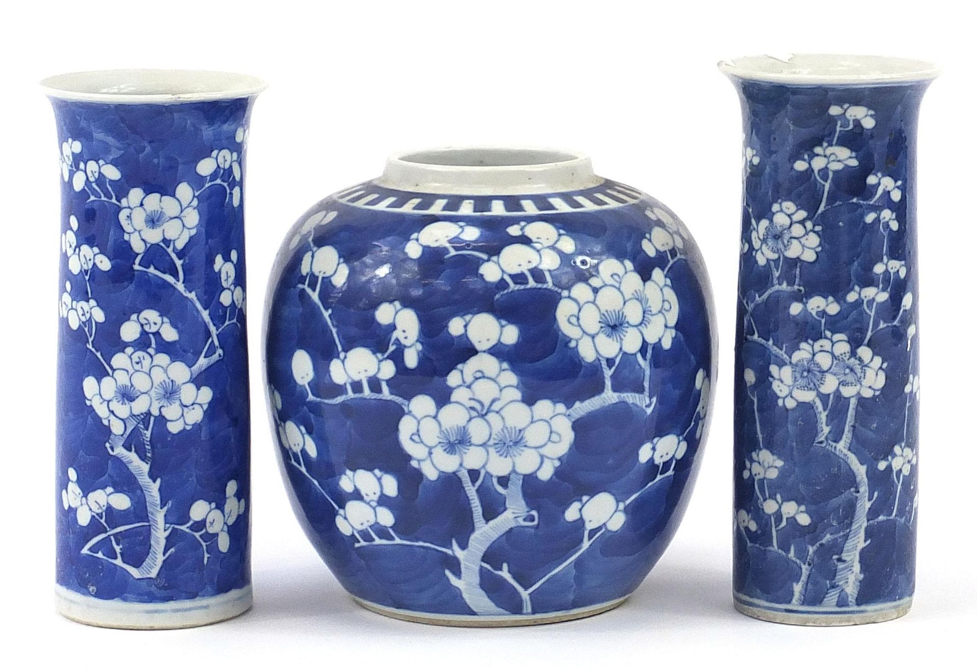 Chinese blue and white porcelain hand painted with prunus flowers comprising two cylindrical vases - Image 4 of 5