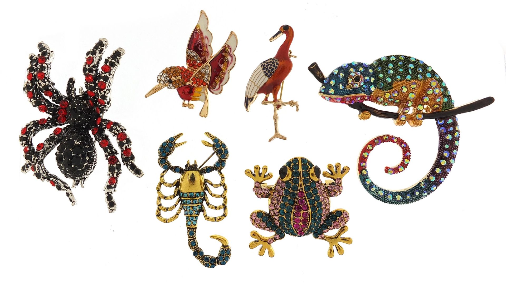 Six jewelled and enamel animal and insect brooches including hummingbird, chameleon, scorpion and
