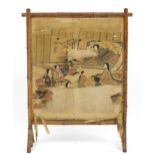 Japanese bamboo screen hand painted with figures, 96cm H x 72.5cm W