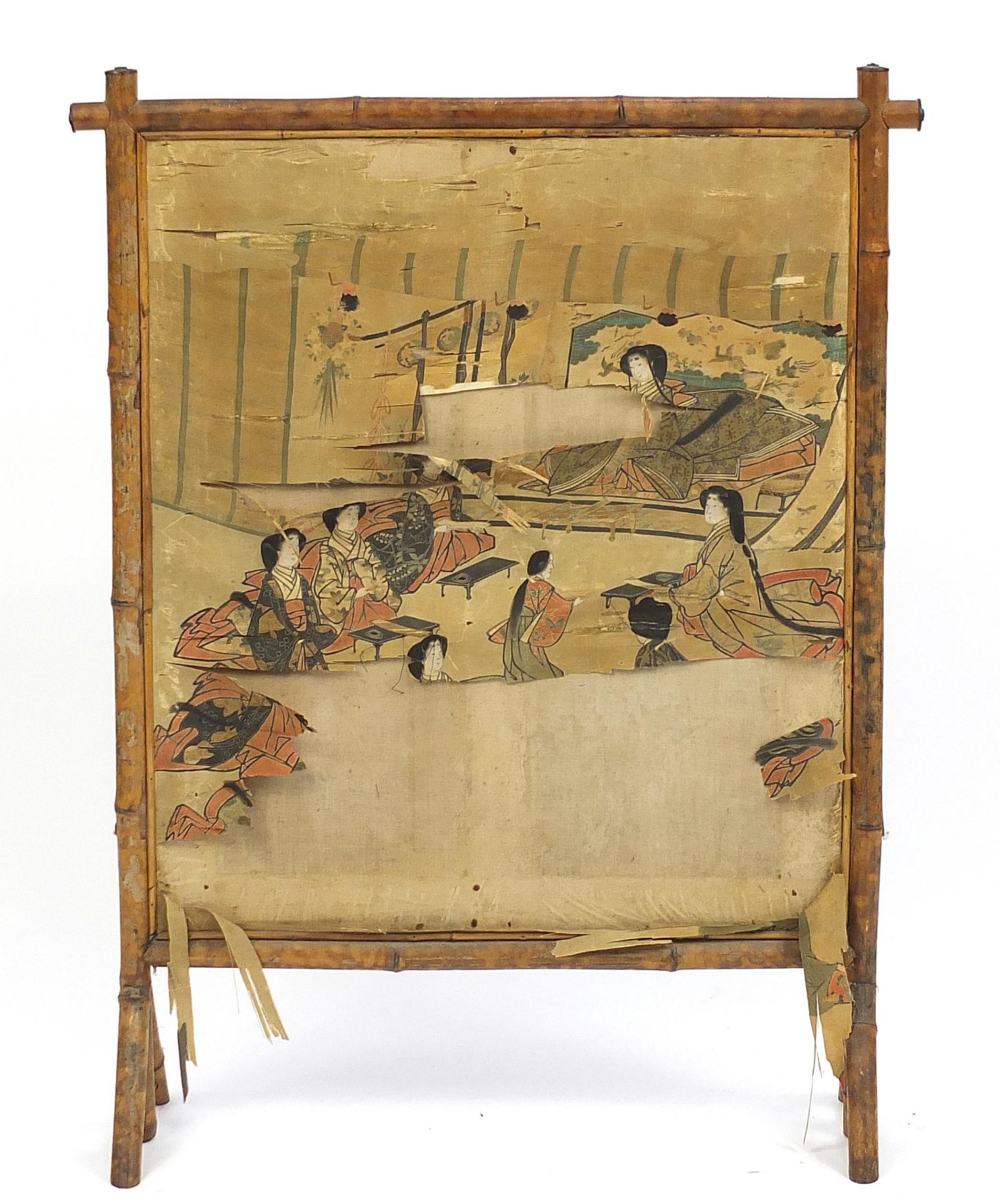 Japanese bamboo screen hand painted with figures, 96cm H x 72.5cm W
