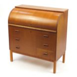 Teak roll top desk, 96cm H x 90cm W x 47cm D