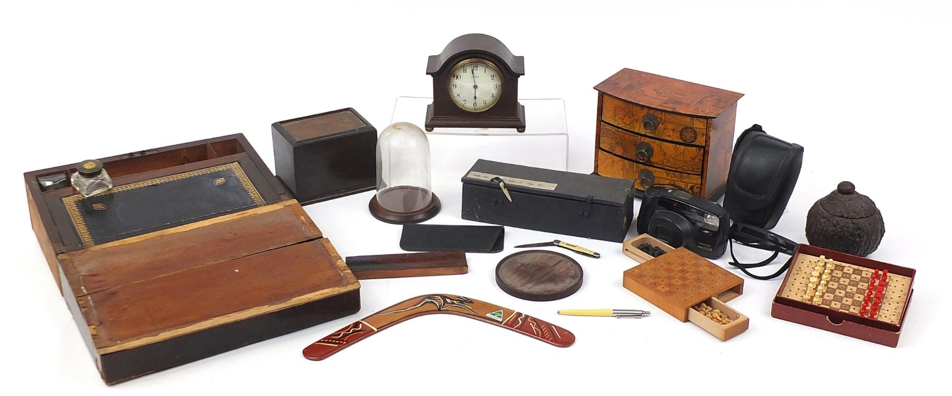 Sundry items including a Victorian rosewood box, travelling chess board with pieces and a line