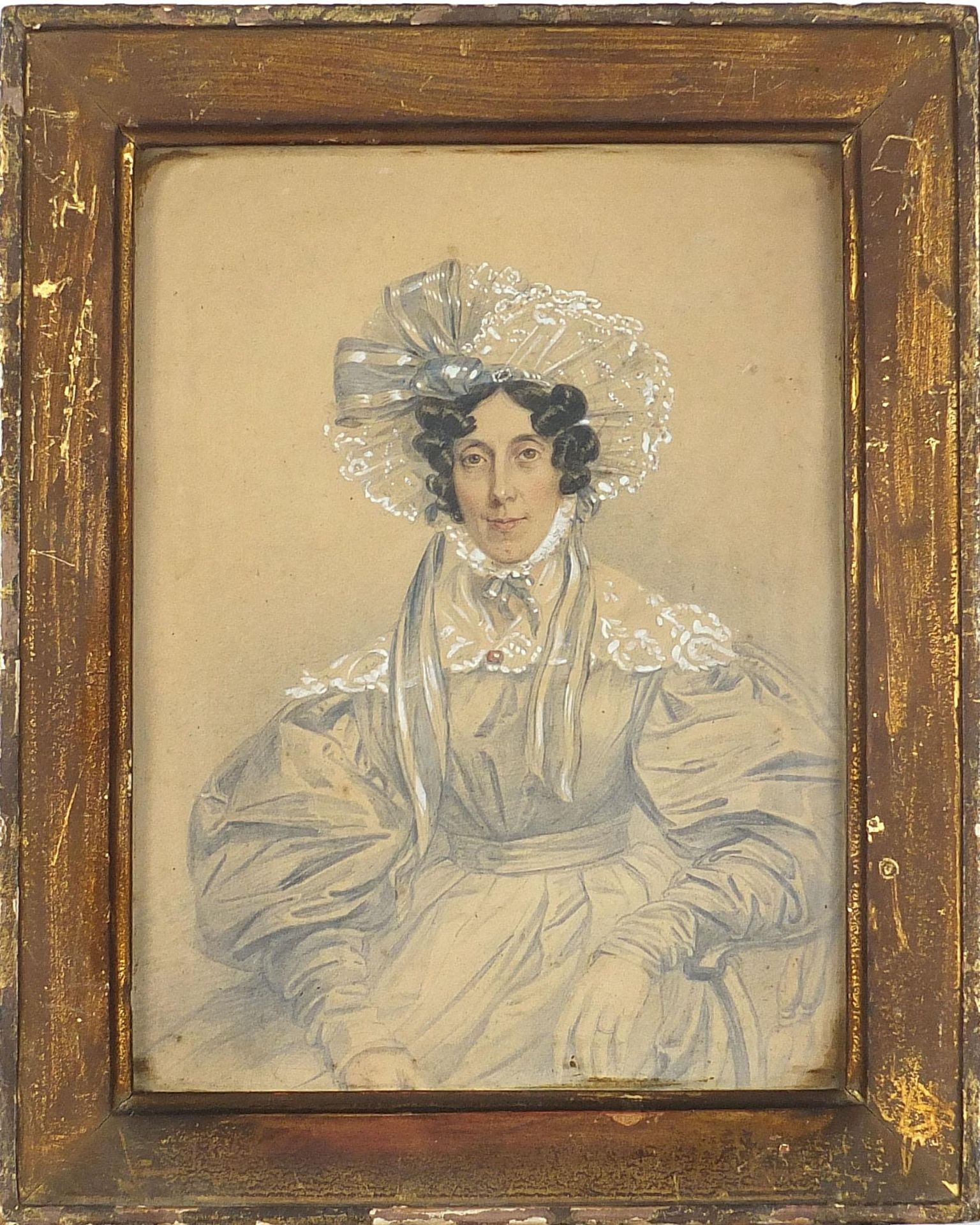 Portrait of a seated lady, 19th century watercolour and pencil heightened in white, mounted, - Image 2 of 4