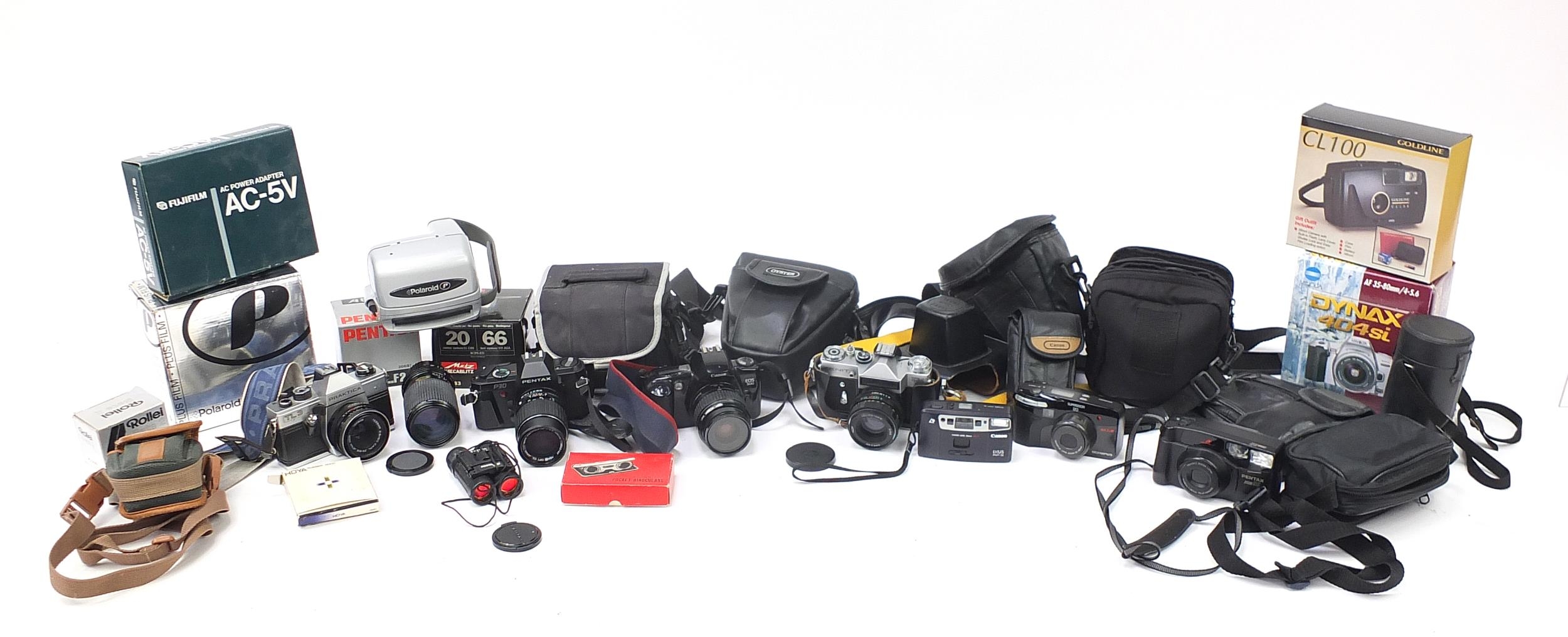 Cameras, binoculars and accessories including vintage Pentax P30, Zenith, Canon ELS 500 and Zenith