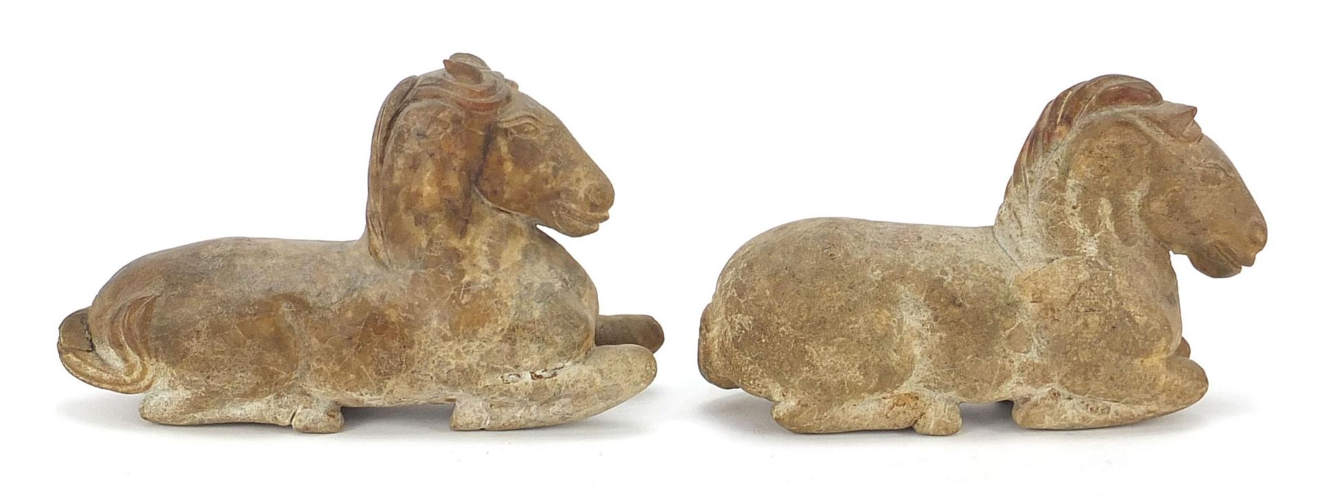 Pair of Chinese carved hardstone recumbent horses, possibly jade, the largest 12cm in length - Image 5 of 7