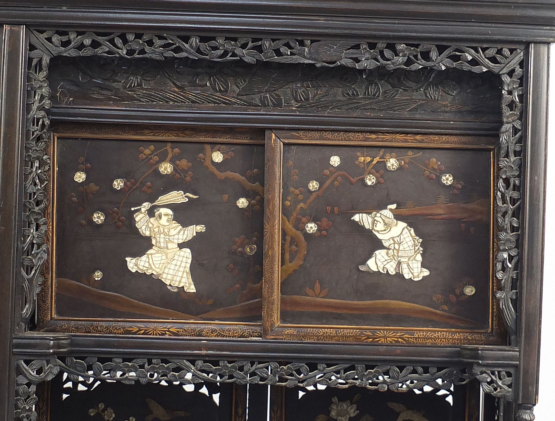 Japanese carved hardwood Shibayama cabinet inlaid with birds amongst flowers and figures, 188cm H - Image 2 of 8