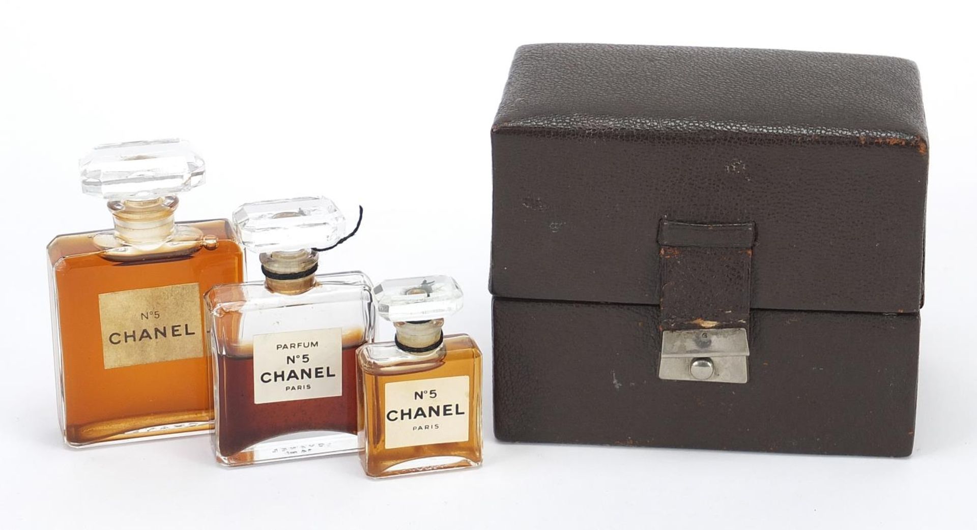 Boxed set of Chanel no 5 perfume comprising three graduated perfume bottles with contents