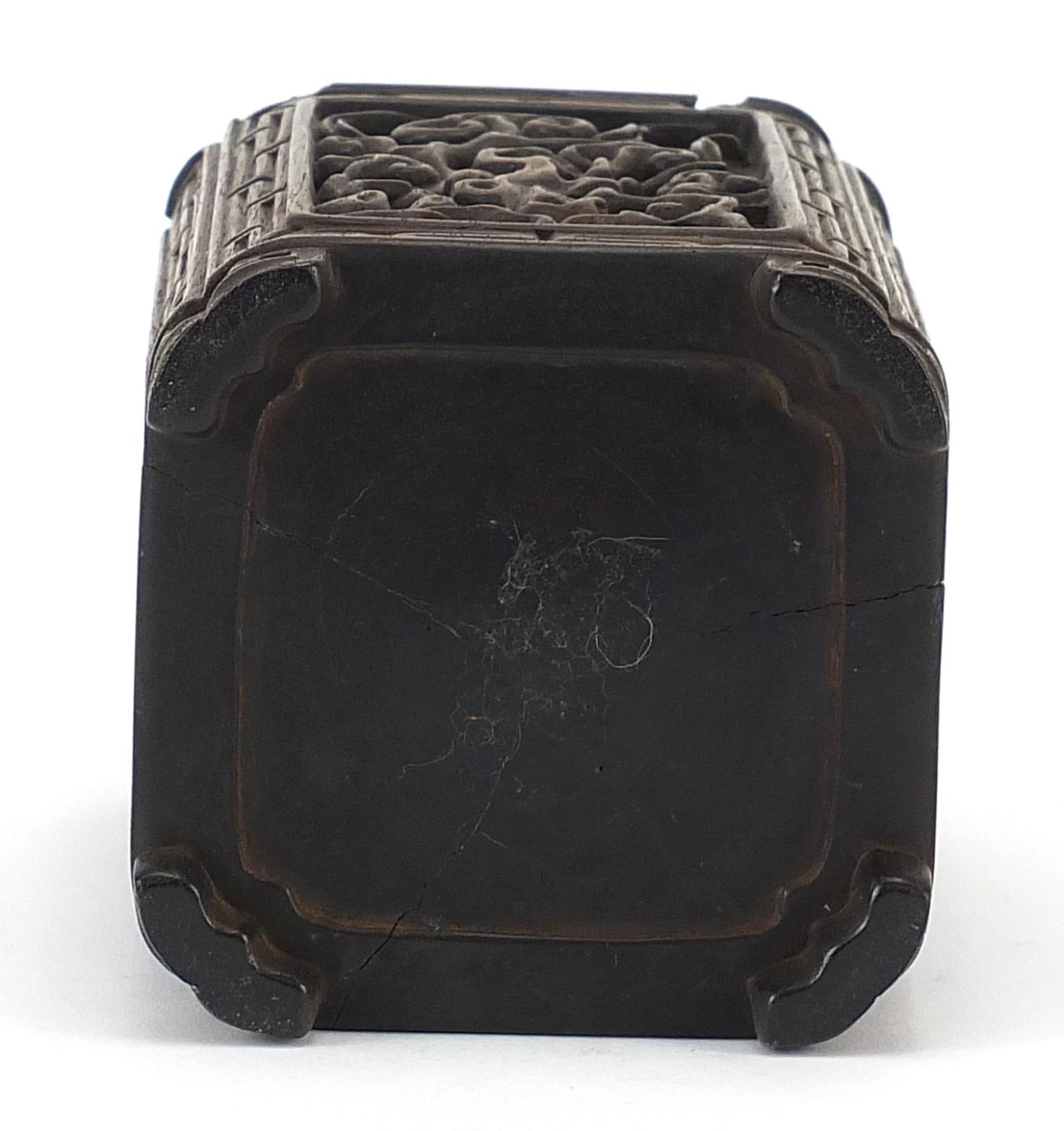 Chinese brush pot carved with panels of flowers, 14cm high - Image 7 of 7