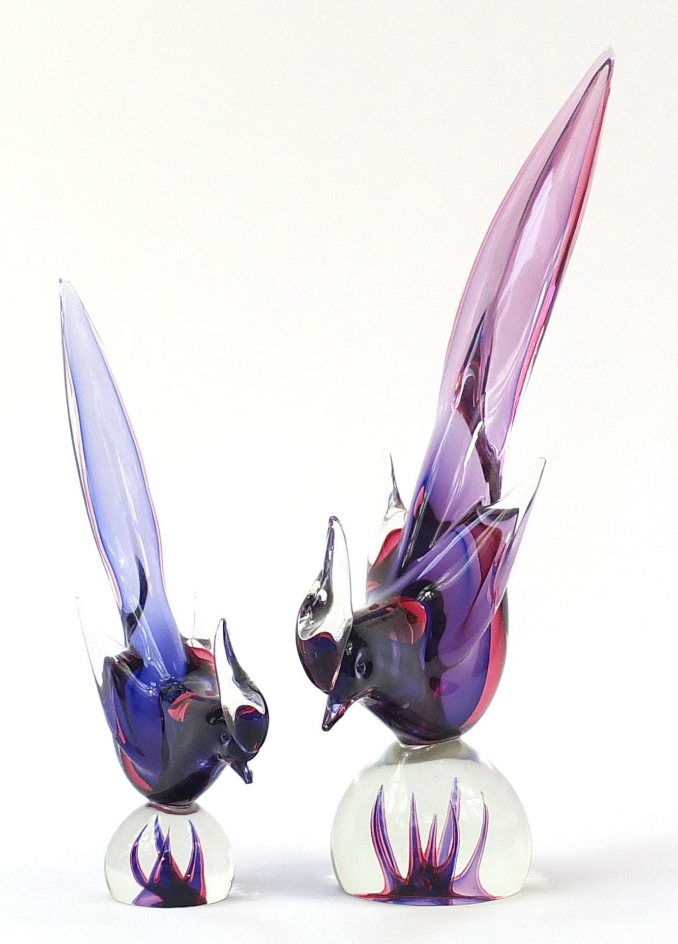 Two Murano style glass birds, the largest 47cm high