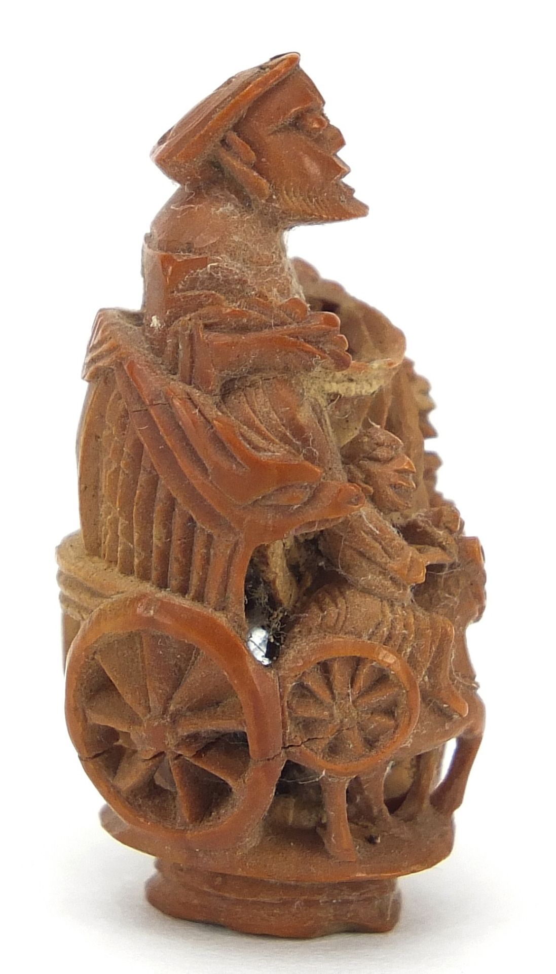Chinese objects to include a coquilla nut carved in the form of a cart being pulled by horses, white - Image 9 of 13