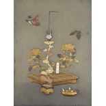 Japanese Shibayama lacquered panel depicting a bird and butterfly amongst flowers, 45.5cm x 33.5cm
