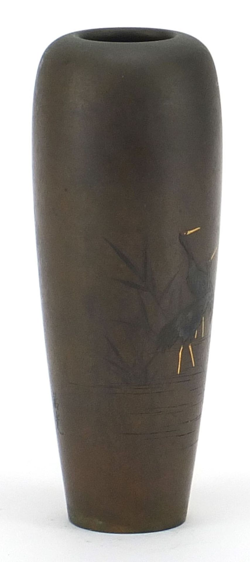 Japanese bronze with mixed metal vase engraved with cranes, character marks to the reverse and to - Image 6 of 9