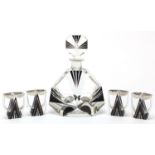 Art Deco black flashed cut glass decanter with four glasses, 25cm high