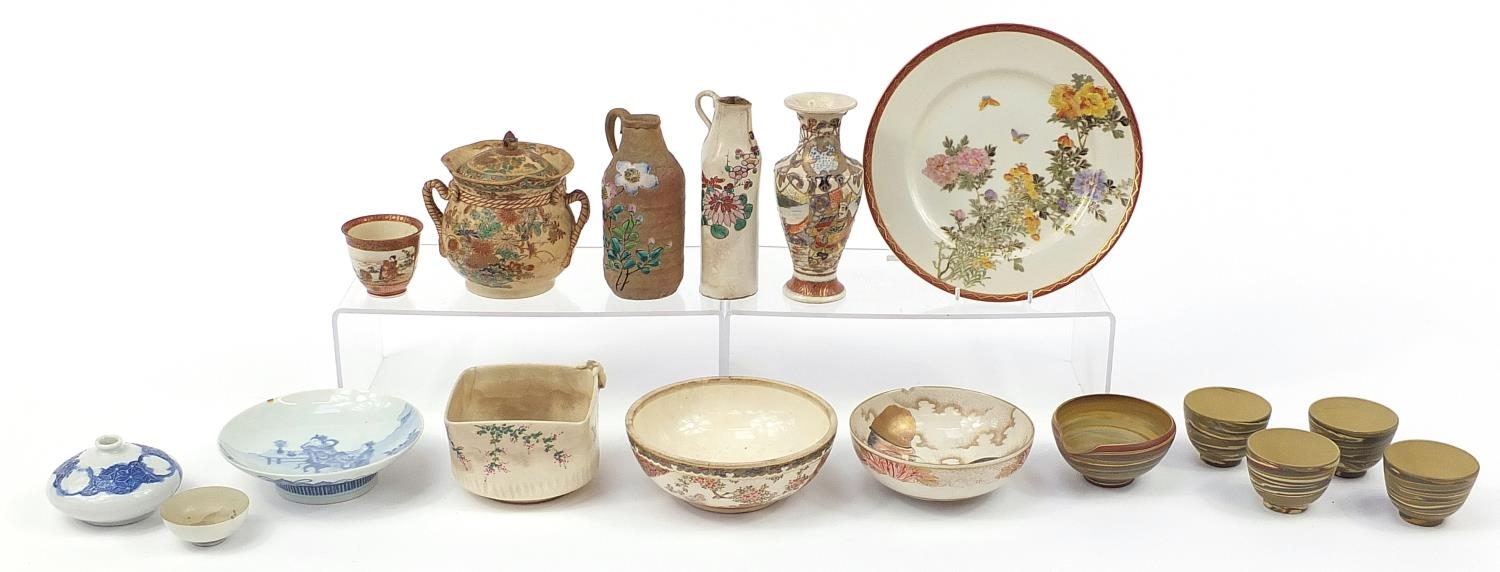 Japanese porcelain and pottery including Hirado blue and white squat vase, Satsuma vases, tea