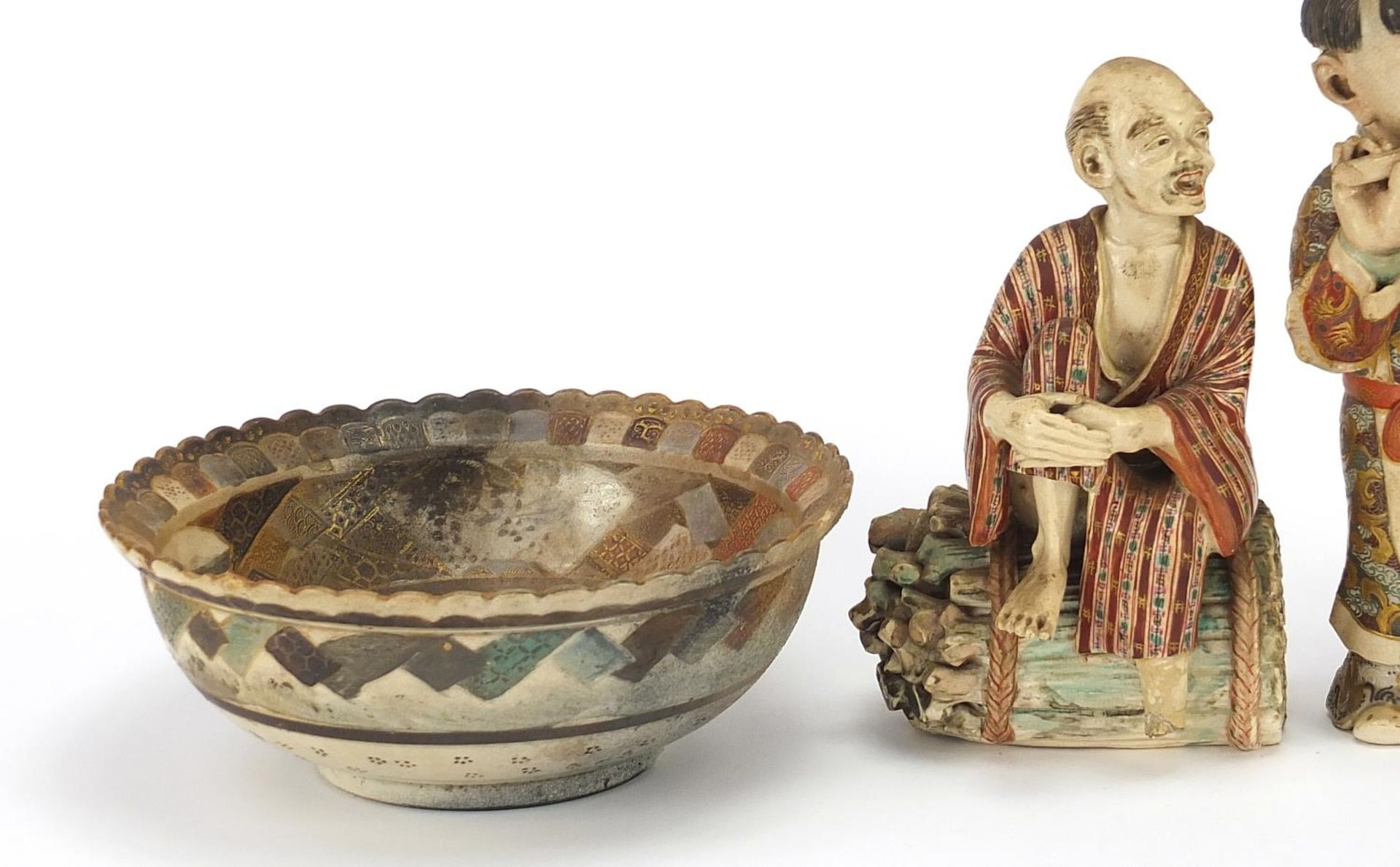 Japanese Satsuma pottery comprising two figures, bowl and garlic head vase, the largest 16.5cm high - Bild 2 aus 11