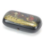 Russian black lacquered papier mache cigarette case hand painted with a Troika, 10cm wide