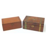Victorian rosewood brass bound writing slope and a scientific instrument box with padded interior,