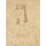 Francis Newton Souza - Head and shoulders portrait of a nude female wearing a crown, ink, mounted,