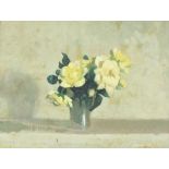 Still life flowers in a vase, oil, indistinctly inscribed, continental landscape painted verso,