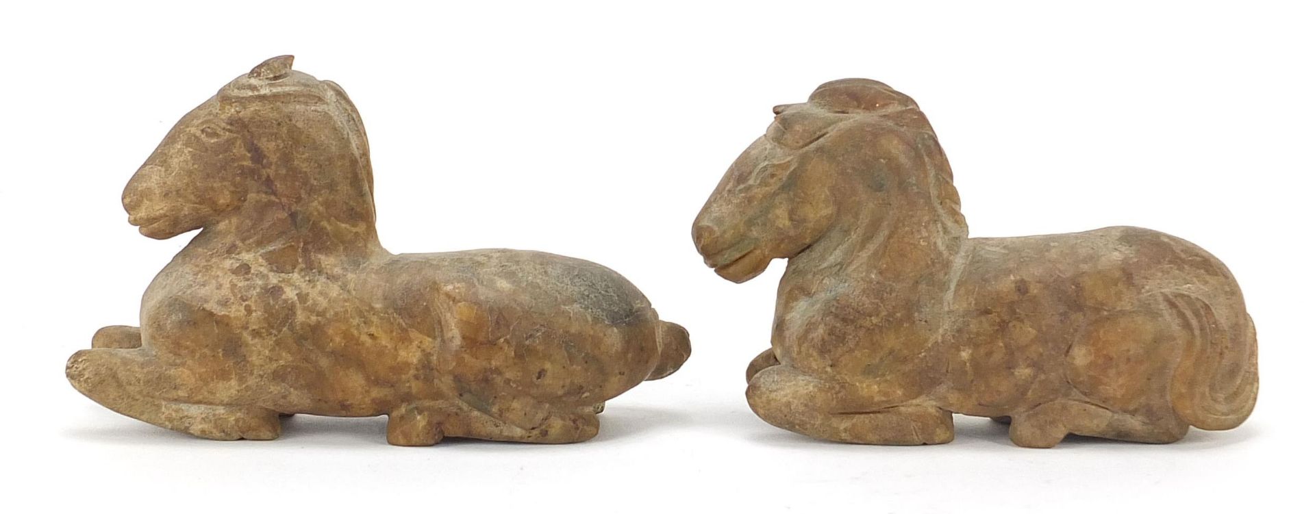 Pair of Chinese carved hardstone recumbent horses, possibly jade, the largest 12cm in length - Image 3 of 7