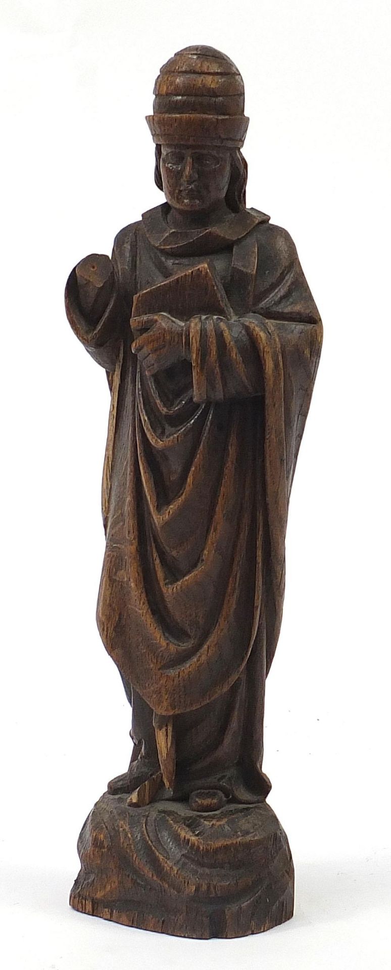 Large antique oak carving of a saint, 42.5cm high