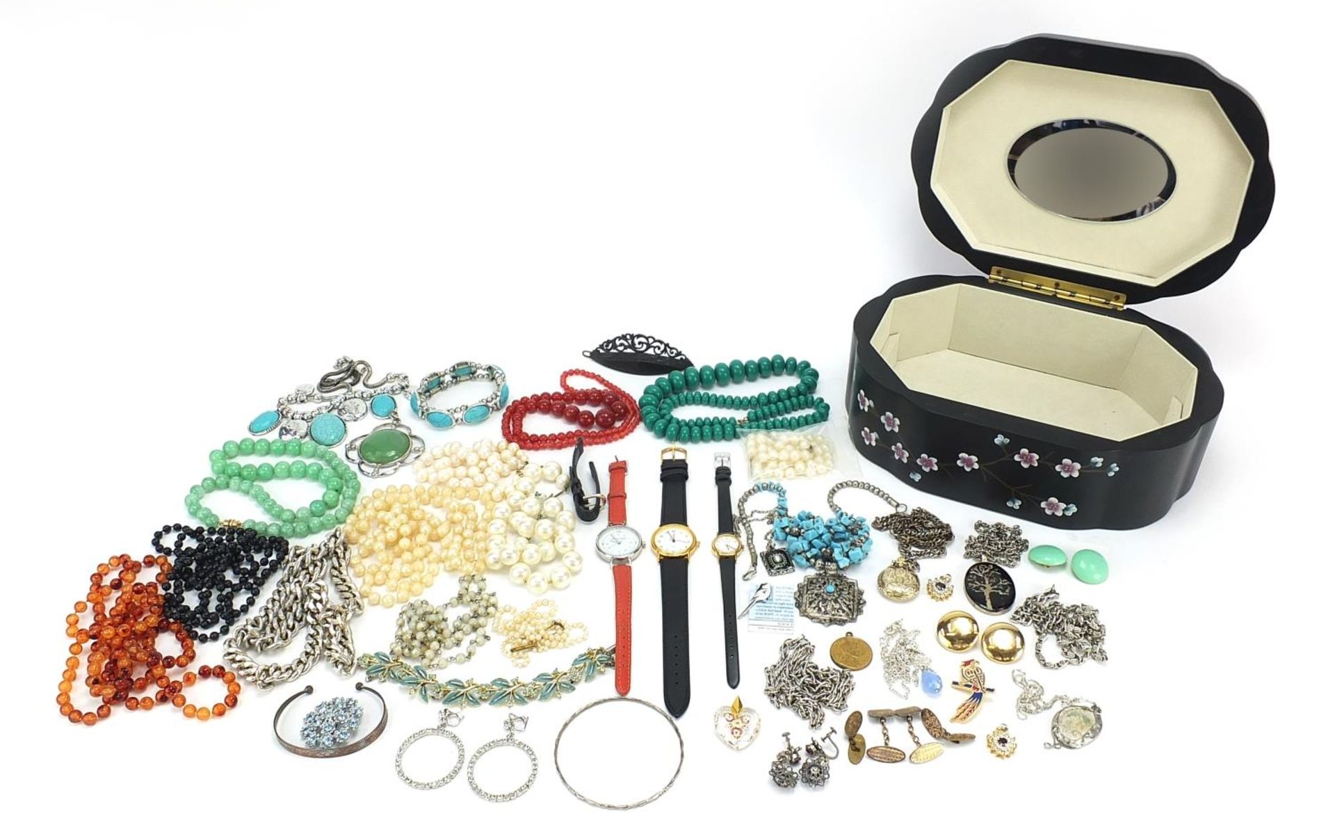 Vintage and later costume jewellery including some silver, necklaces, earrings, bracelets, watches