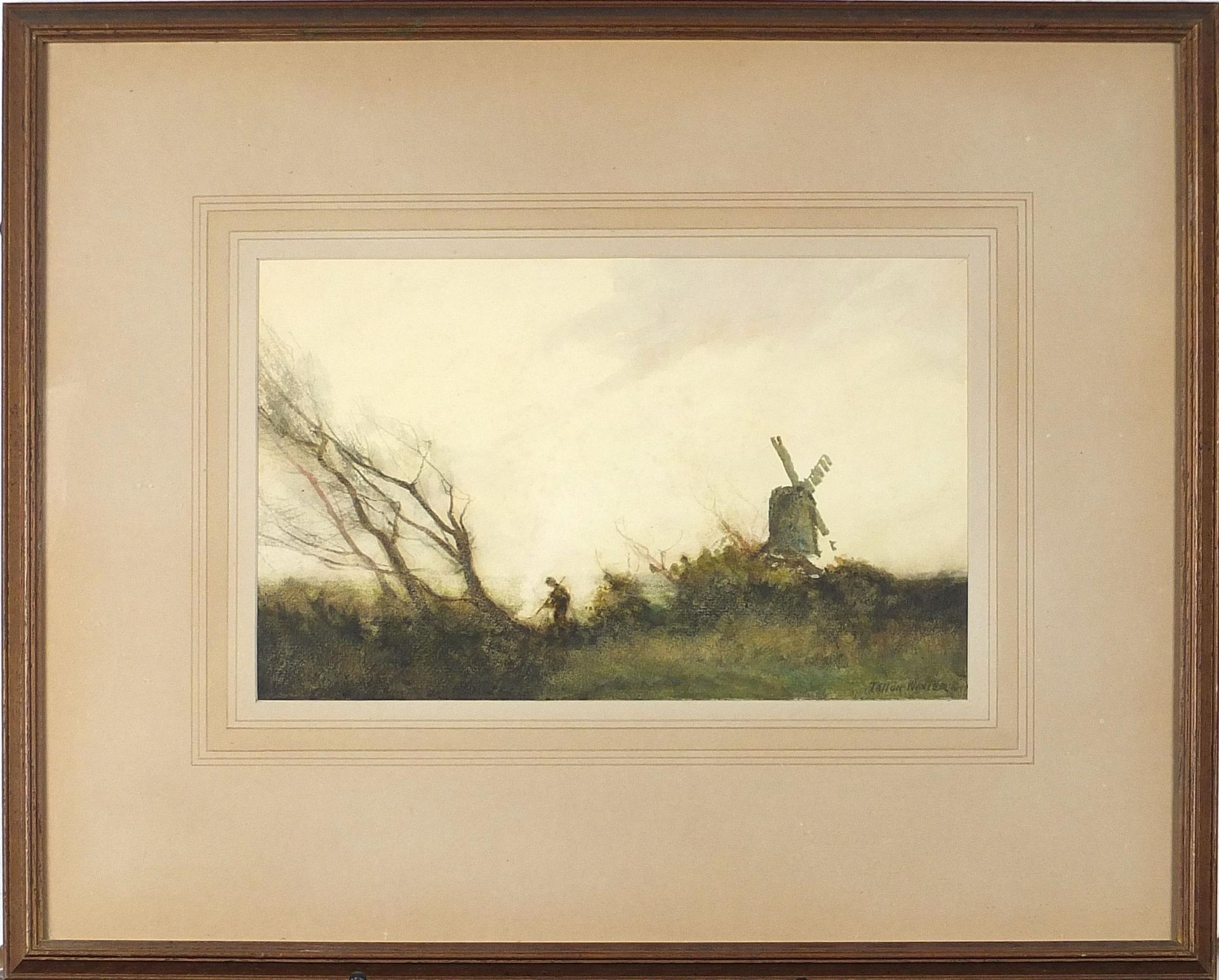 William Tatton Winter - Figure and trees beside a windmill, watercolour, J H Steer label verso, - Image 2 of 5