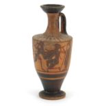 Attic pottery lekythos hand painted with warriors fighting before an onlooker, 12cm high