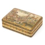 Japanese Satsuma pottery box and cover finely hand painted with figures and flowers, S Kinkozan