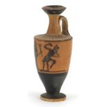 Attic pottery lekythos hand painted with black figures, 11cm high
