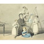 Artist with female and children, early 19th century watercolour, mounted, framed and glazed, 29cm