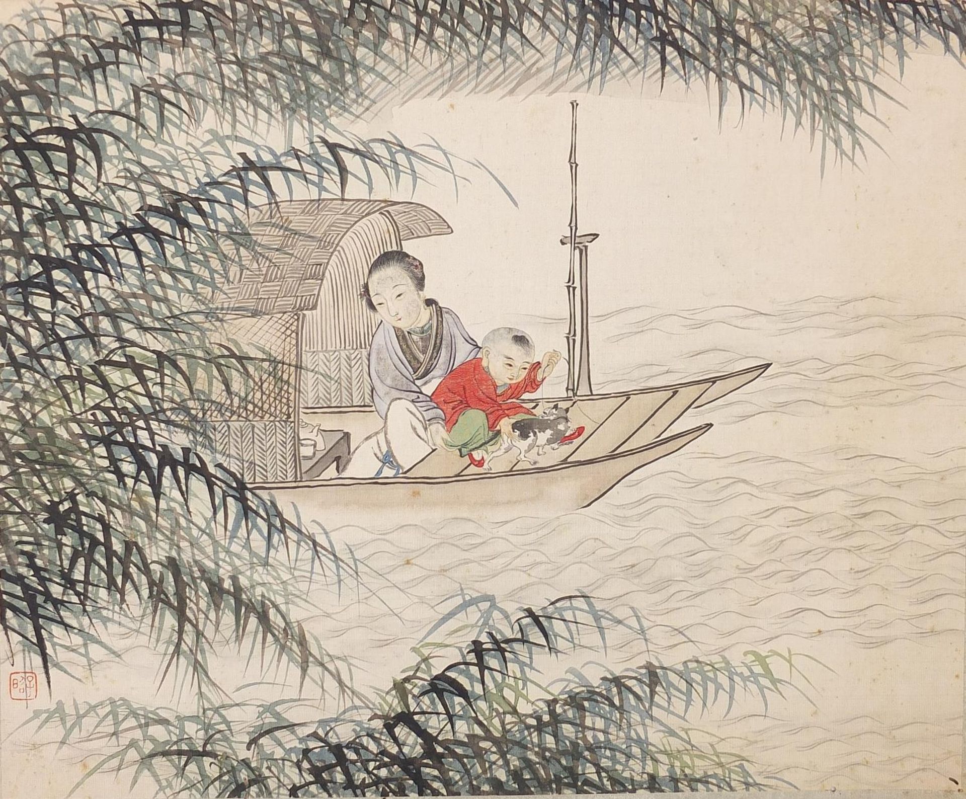 Five Chinese watercolours on paper including figures beside pagodas and figures in a boat, unframed, - Image 2 of 18