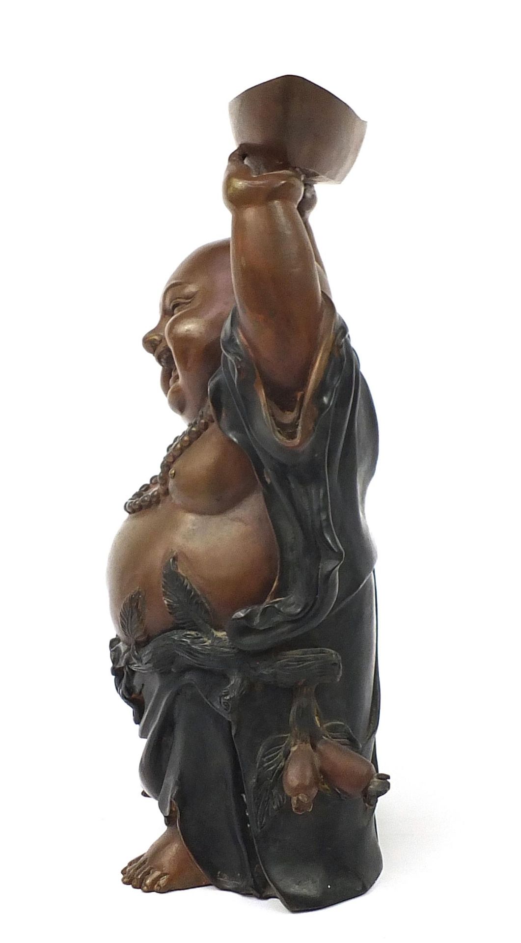 Large Chinese patinated bronze figure of Buddha with his hands above his head holding a vessel, 48cm - Image 2 of 6