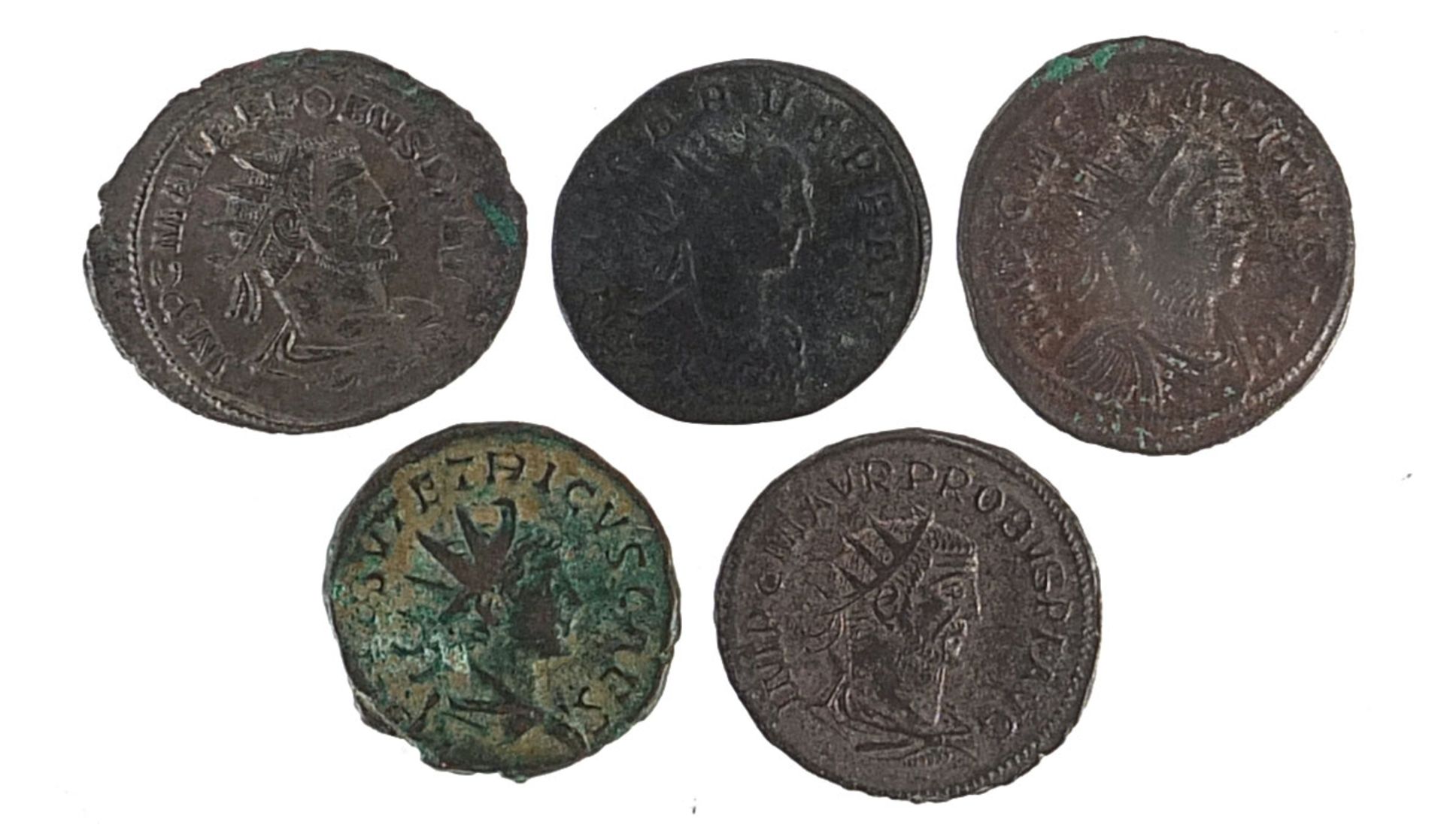 Five Roman bronze coins including Philip I and Trajan Decius examples, 17.5g, the largest 2.4cm in - Image 2 of 4