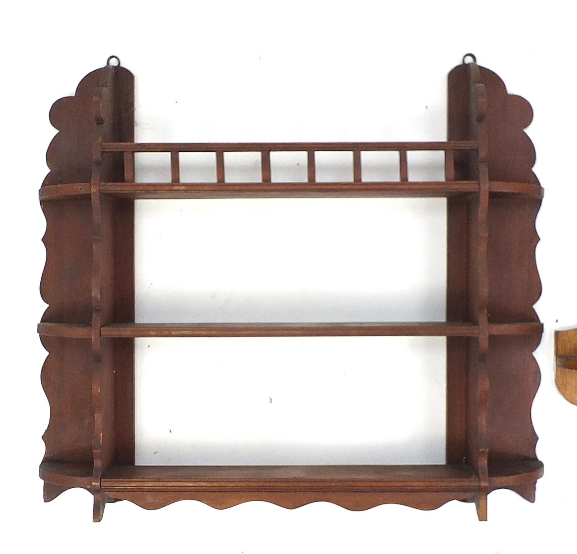 Arts & Crafts design oak hanging cupboard and a pine three shelf hanging rack, the largest 87cm wide - Image 2 of 4