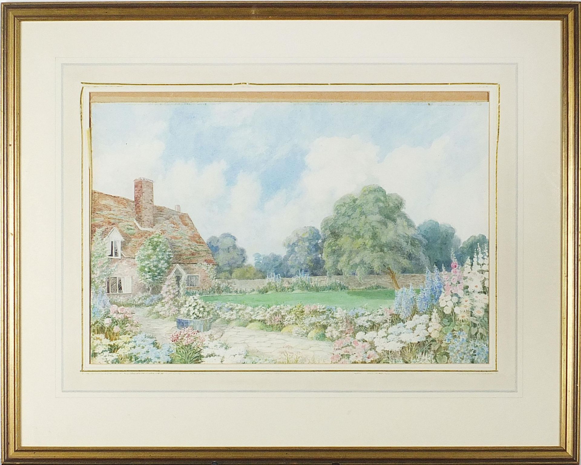 Cottage garden with flowers, Surrey, watercolour, indistinct details verso, mounted, framed and - Image 2 of 4