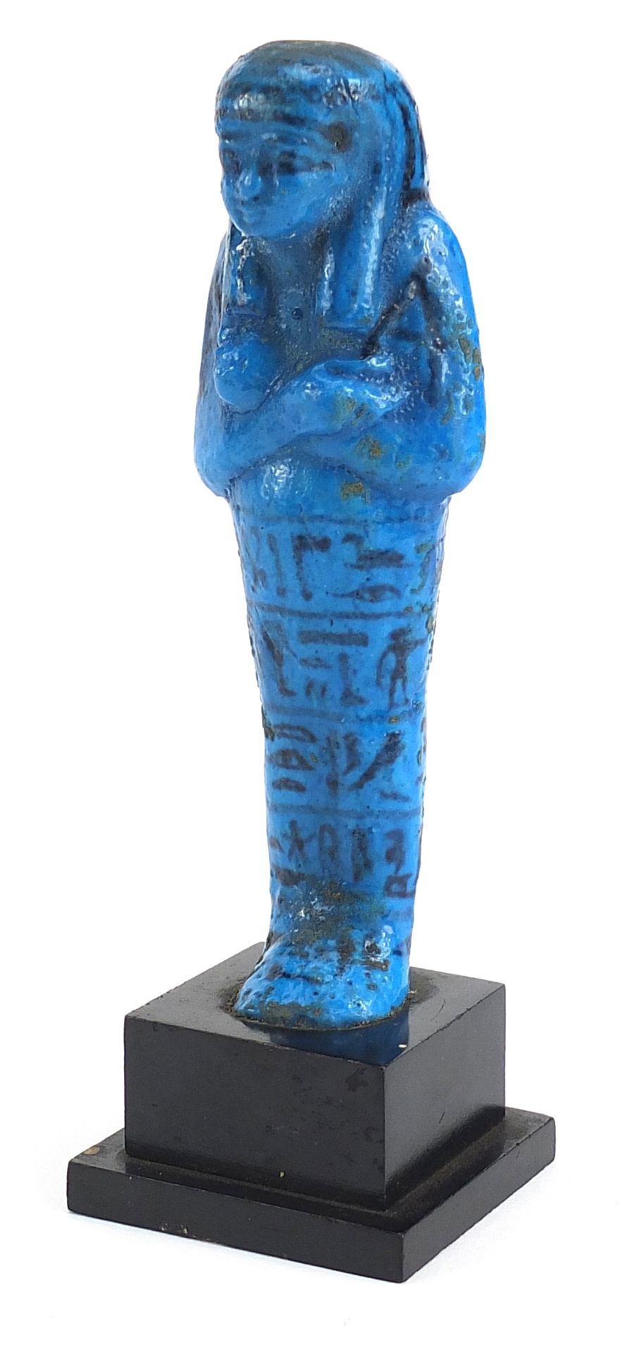 Egyptian blue faience glazed stone ushabti hand painted with hieroglyphics, raised on a later