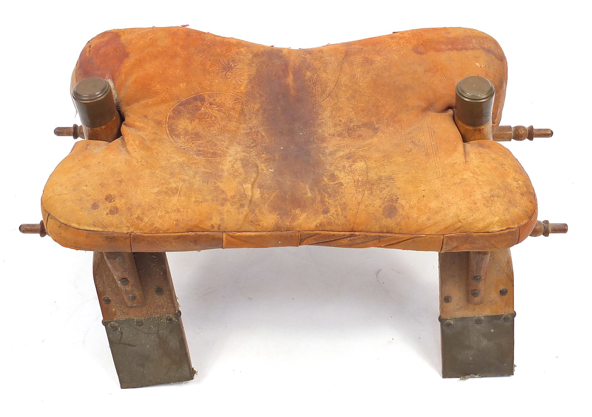Wooden camel stool with leather cushion, 65cm wide - Image 3 of 5