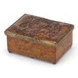 Antique yew box with secret sliding base, the hinged lid carved with St George and the dragon,