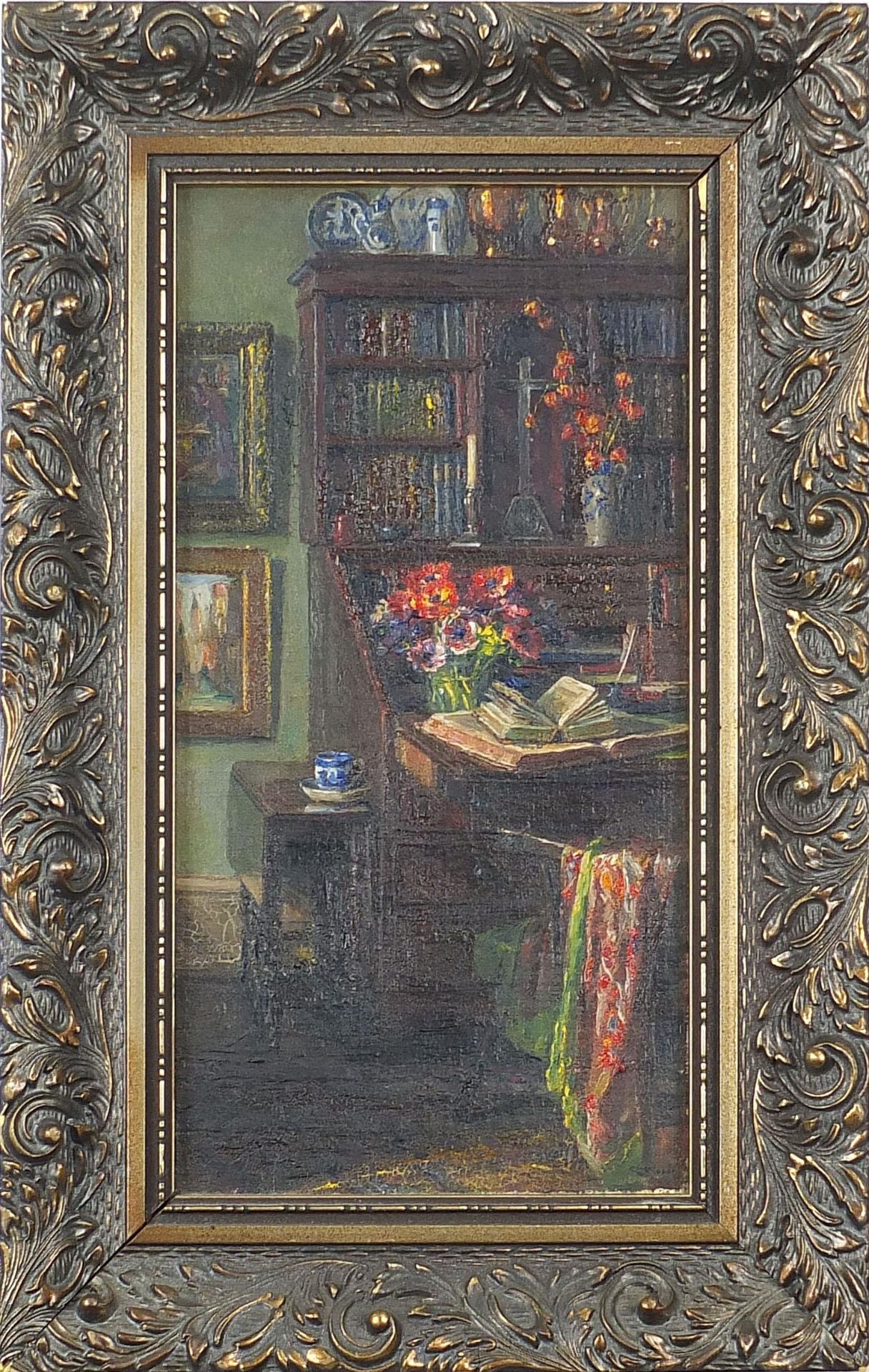 Interior scene with bureau, bookcase and flowers, oil, indistinctly signed, possibly C Woods, - Image 2 of 4
