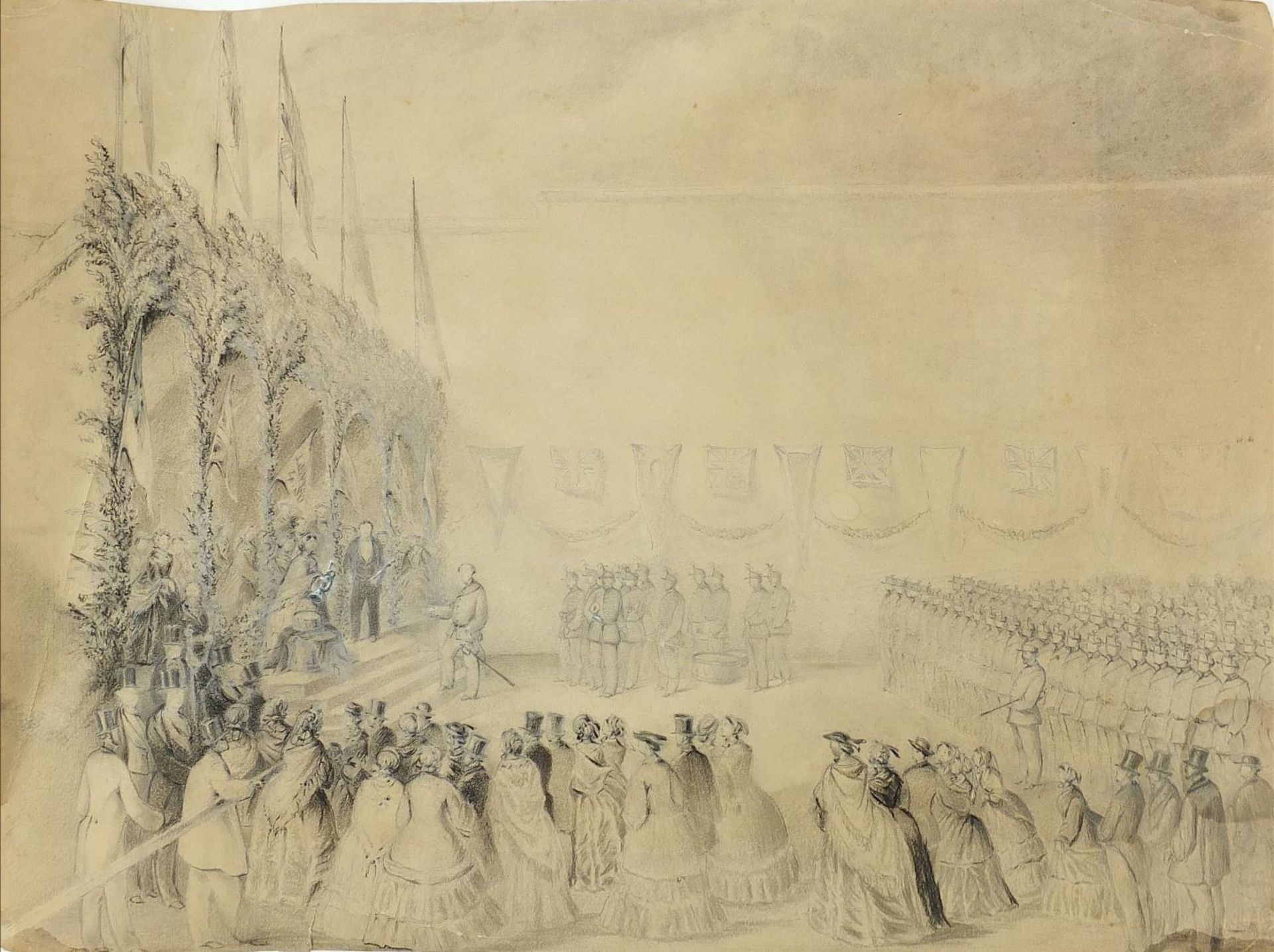 Ceremony with soldiers in military dress, 19th century heightened chalk and pencil on paper,