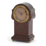 Art Nouveau inlaid mahogany mantle clock standing on brass ball feet, 22cm high