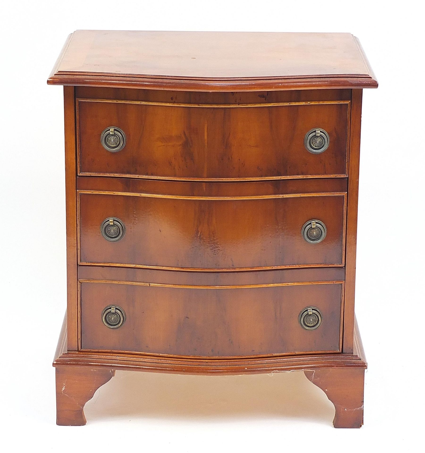 Cross banded yew wood three drawer chest with serpentine front, 57cm H x 50cm W x 39cm D - Image 2 of 4