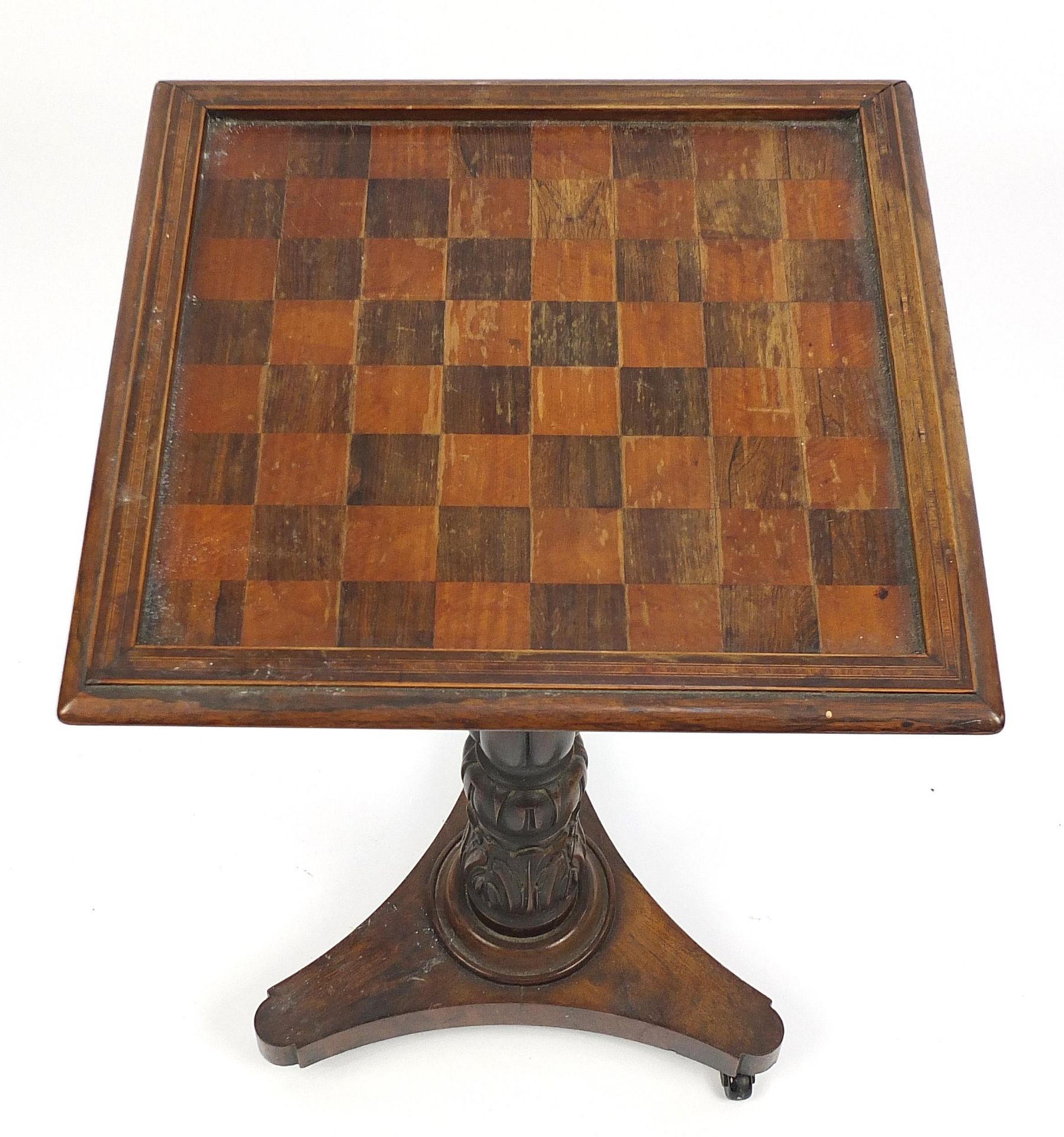 19th century rosewood chess table with carved column, 74cm H x 47cm W x 47cm D - Image 2 of 4